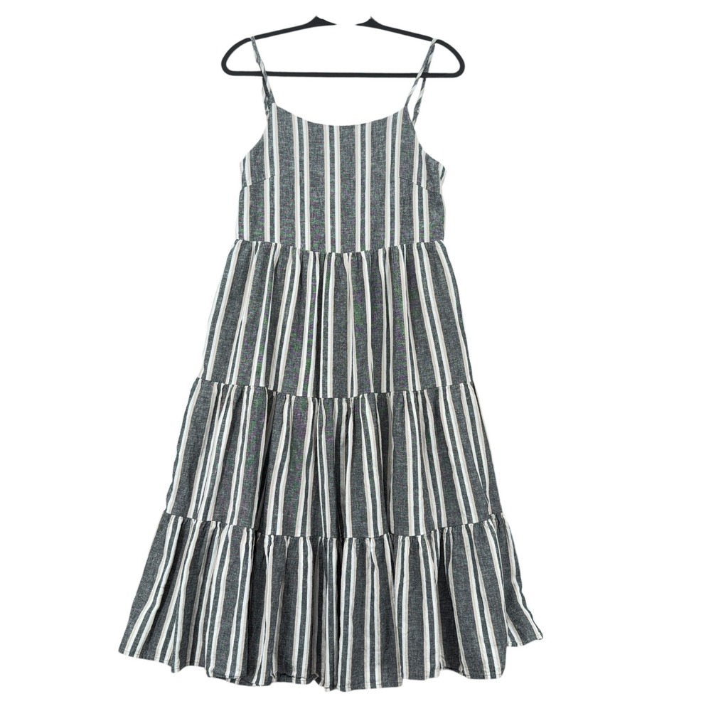 Little Bipsy Grey Striped Cotton Linen Tiered Smocked‎ Midi Dress Womens Medium